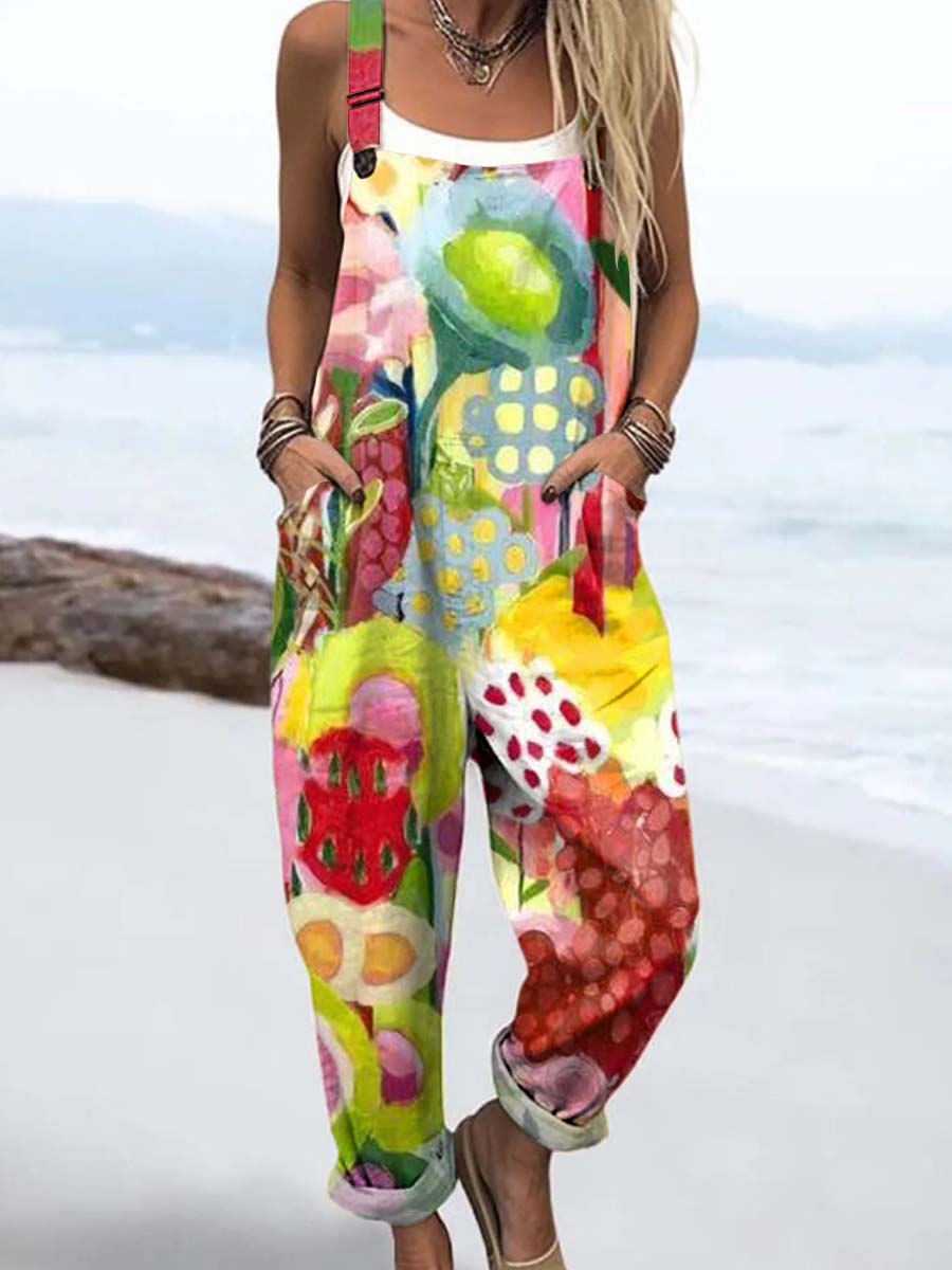 Women's Colorful Art Abstract Flower Print Casual 100% Cotton Wide Leg Jumpsuit