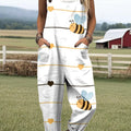 Women's Art Cute Bee Print Casual 100% Cotton Wide Leg Jumpsuit
