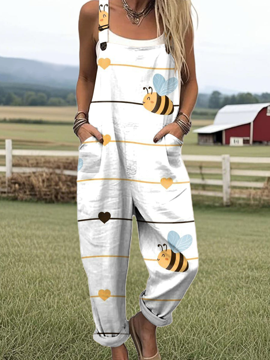 Women's Art Cute Bee Print Casual 100% Cotton Wide Leg Jumpsuit