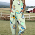 Women's Lovely Birds Art Print Casual 100% Cotton Wide Leg Jumpsuit