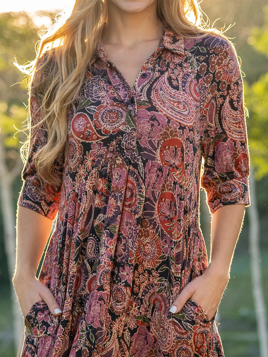 Comfortable Paisley Print Shirt Midi Dress