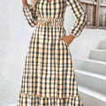 Beige Plaid Long Sleeve Split Neck Dress