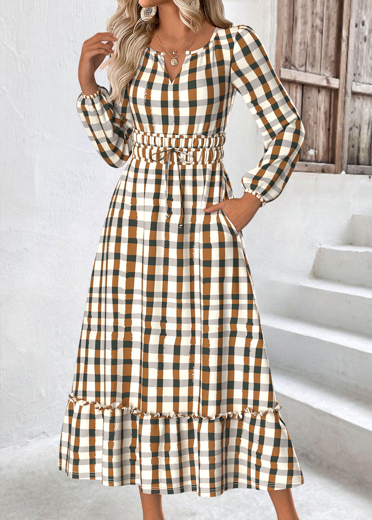 Beige Plaid Long Sleeve Split Neck Dress