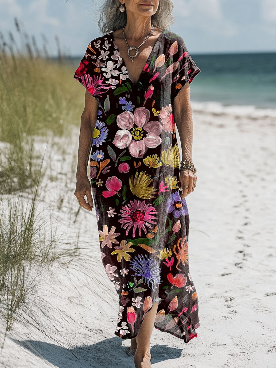 Women's  Floral  Art Print Pocket Cotton Dress