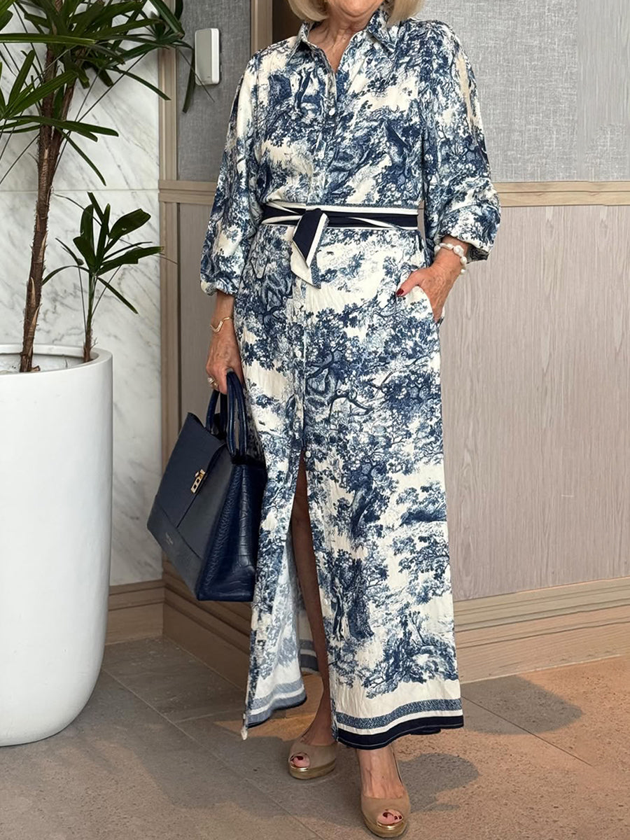 Women's Elegant Scroll Belted Shirt Dress
