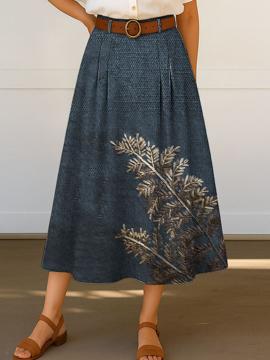 Women's Retro Leaf Print High Waist Casual A-Line Skirt