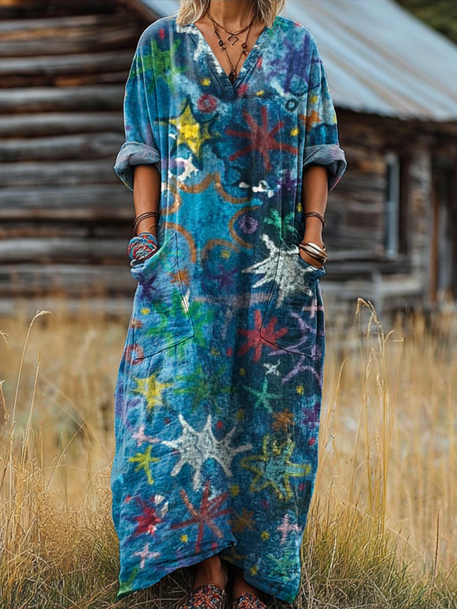 Women's Beautiful Abstract Colorful Stars Graffiti Painting Art Print Pocket V-neck Cotton Dress