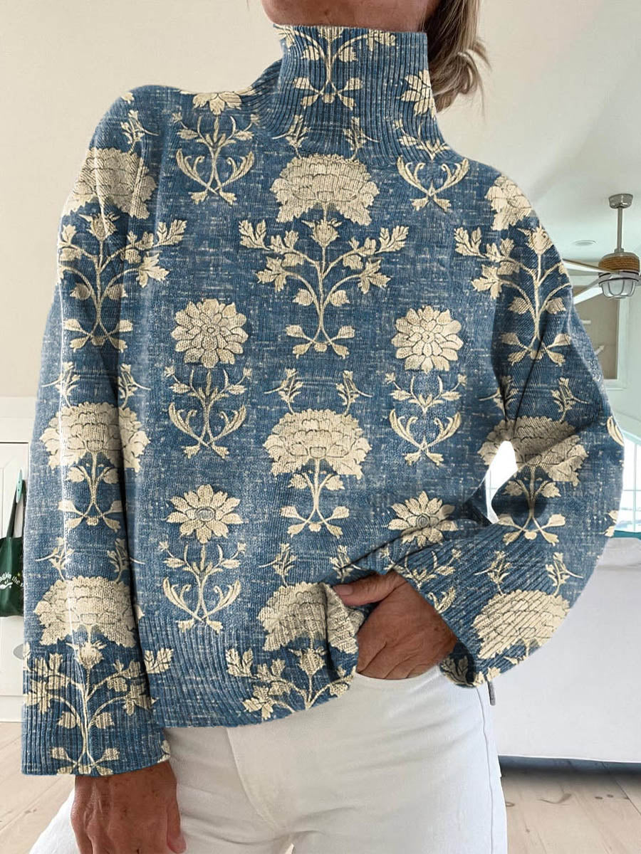 Women's Vintage Lovely Floral Pattern Art Print Knit Turtleneck Pullover Sweater