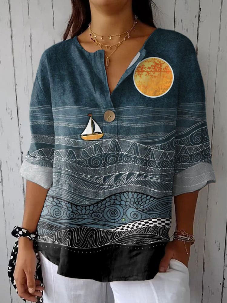 Women's   Japanese  Art Print Casual Cotton Linen Shirt
