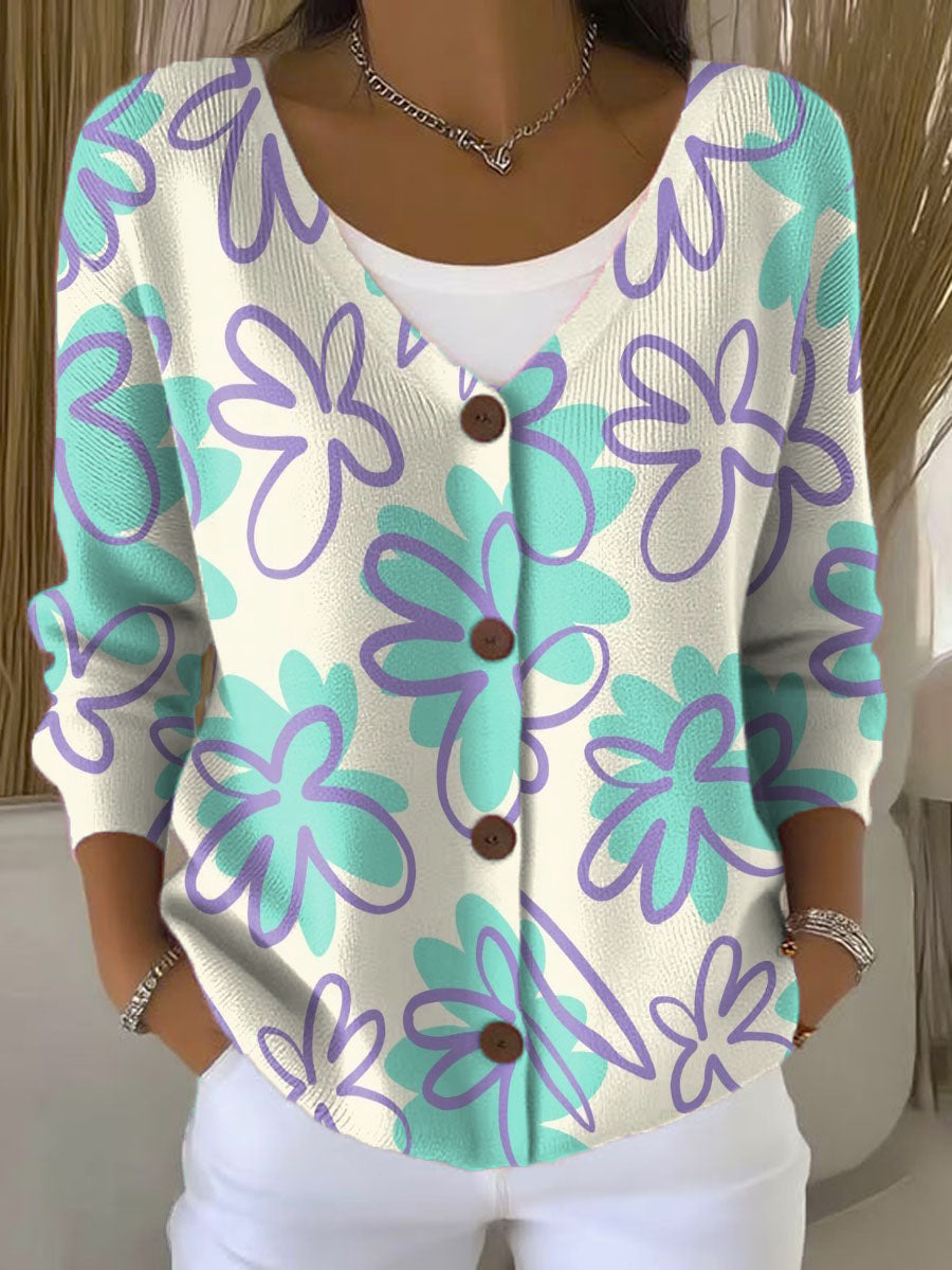 Line Florets Print Buttoned V-neck Cardigan Sweater