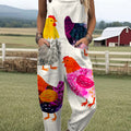 Women's Funny Chicken Art Print Casual 100% Cotton Wide Leg Jumpsuit