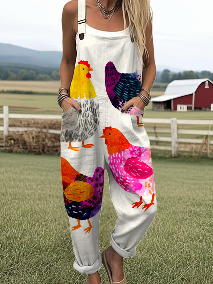 Women's Funny Chicken Art Print Casual 100% Cotton Wide Leg Jumpsuit