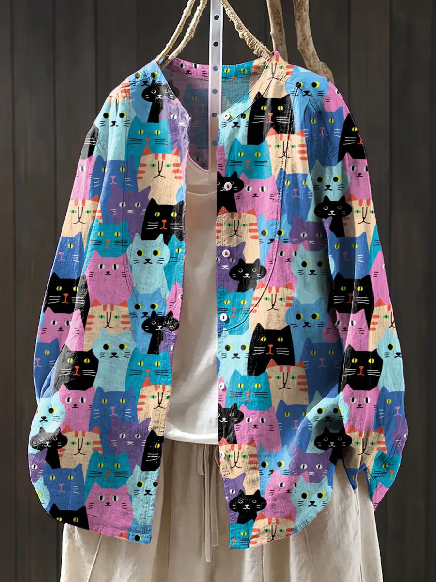 Women's Lovely Cats Art Print Casual Cotton And Linen Shirt