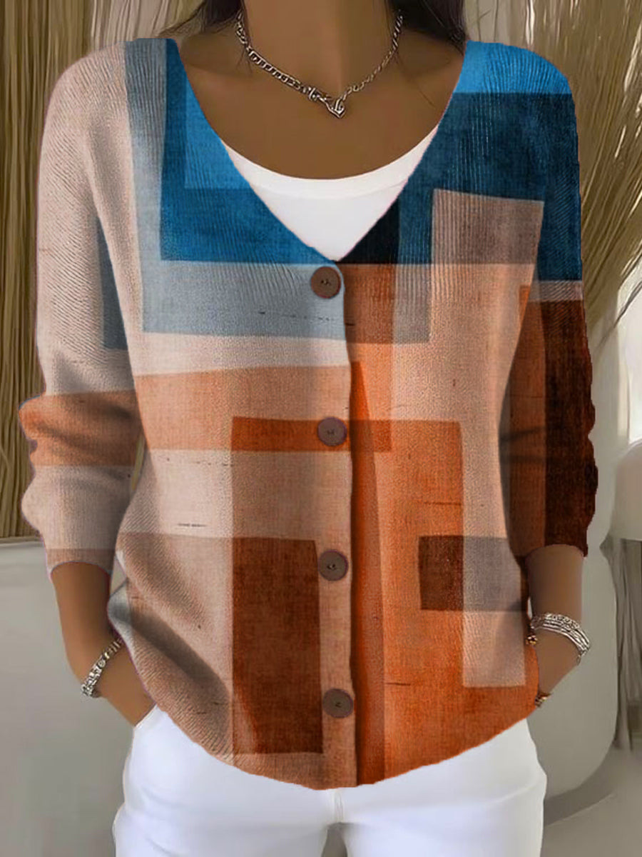 Vintage Geometry Art Print Buttoned V-neck Cardigan Sweater