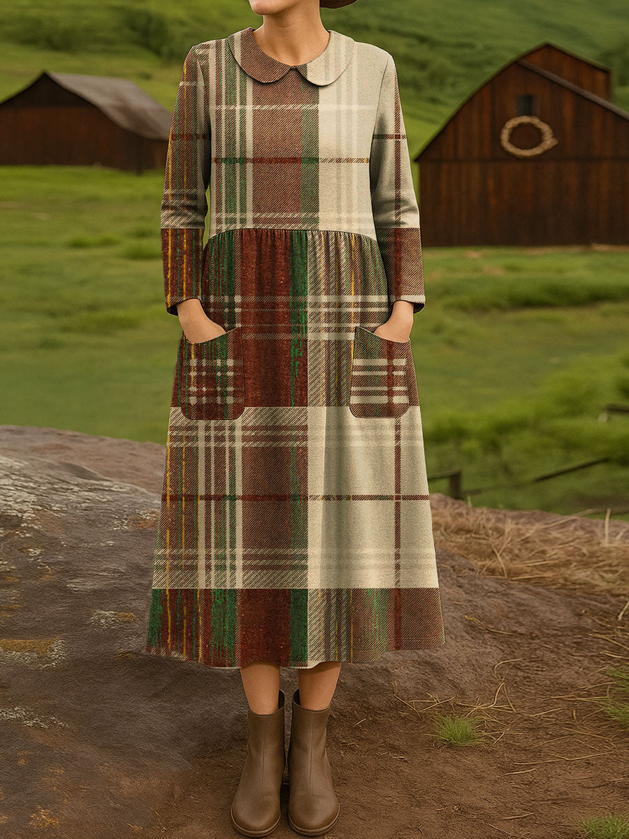 Women's Vintage Plaid Art Print Cotton Lapel Button-Down Shirt Dress