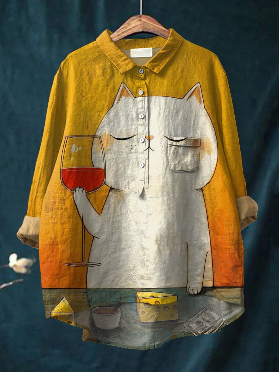 Women's Cat Art Print Casual Cotton And Linen Shirt