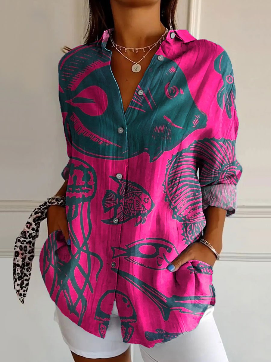 Women's Vintage Bright Color Underwater Fish Art Print Casual Cotton Shirt