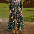 Women's Vintage Floral Birds Pattern Art Print Cotton Lapel Shirt Dress