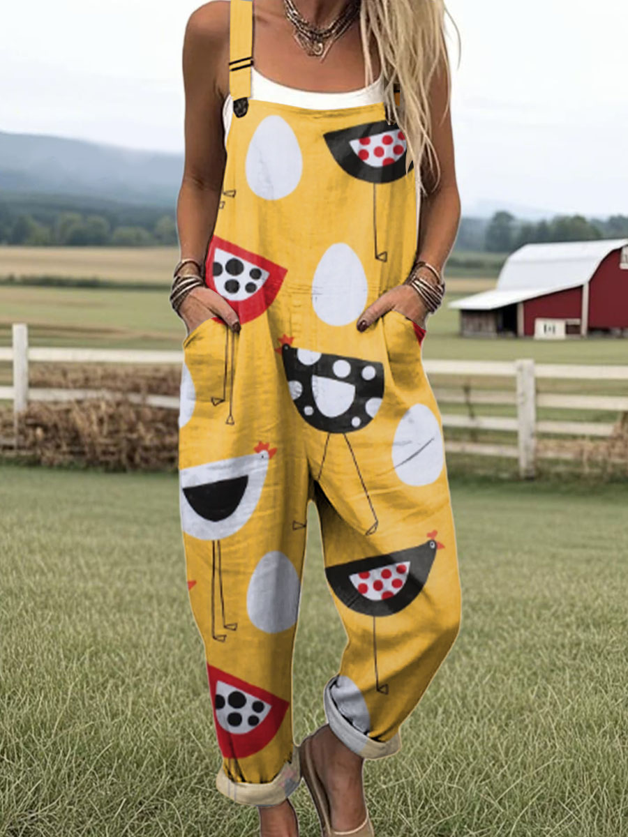 Women's Art Creative Abstract Chick Print Casual 100% Cotton Wide Leg Jumpsuit