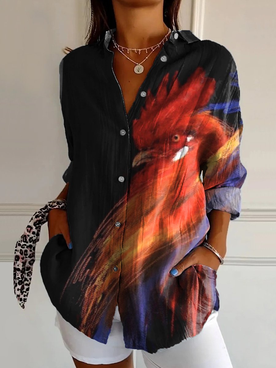 Oil Painting Rooster Art Printed Women's Casual Cotton Shirt