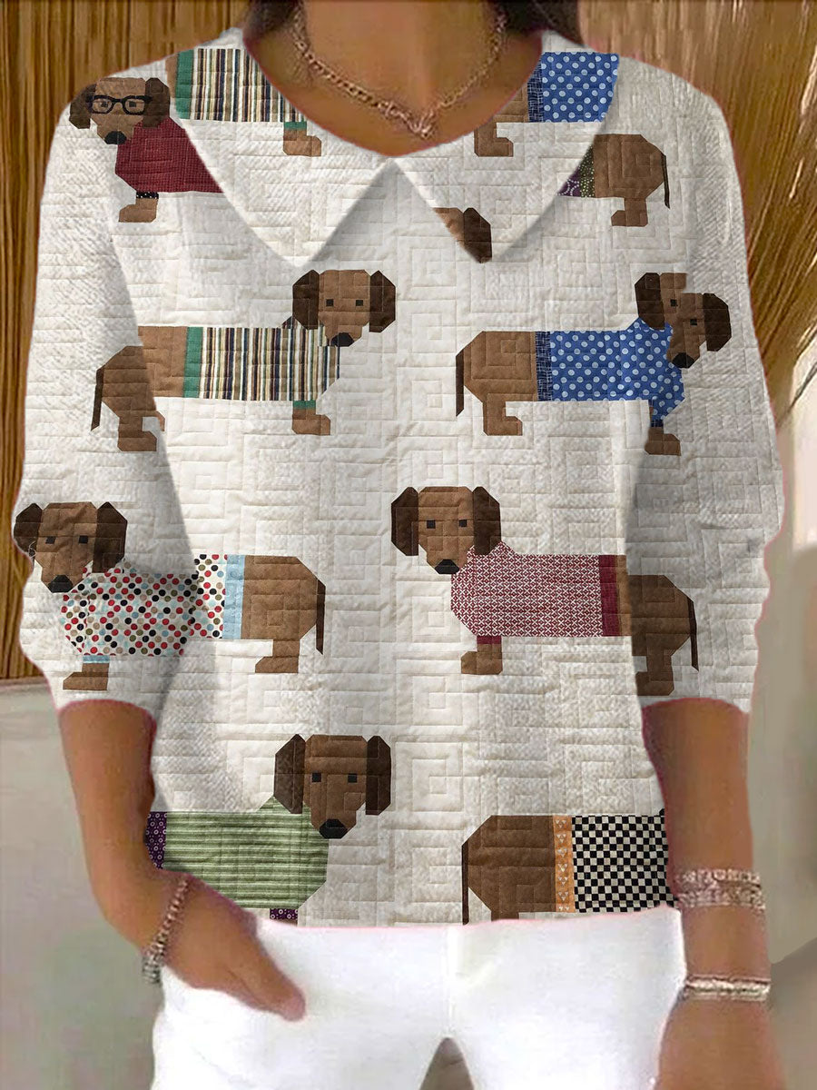 womens-vintage-dachshund-art-print-casual-peter-pan-collar-3-4-sleeve-sweater-8atk