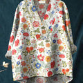 Women's  Flower Art Print Casual Cotton And Linen V-neck Shirt