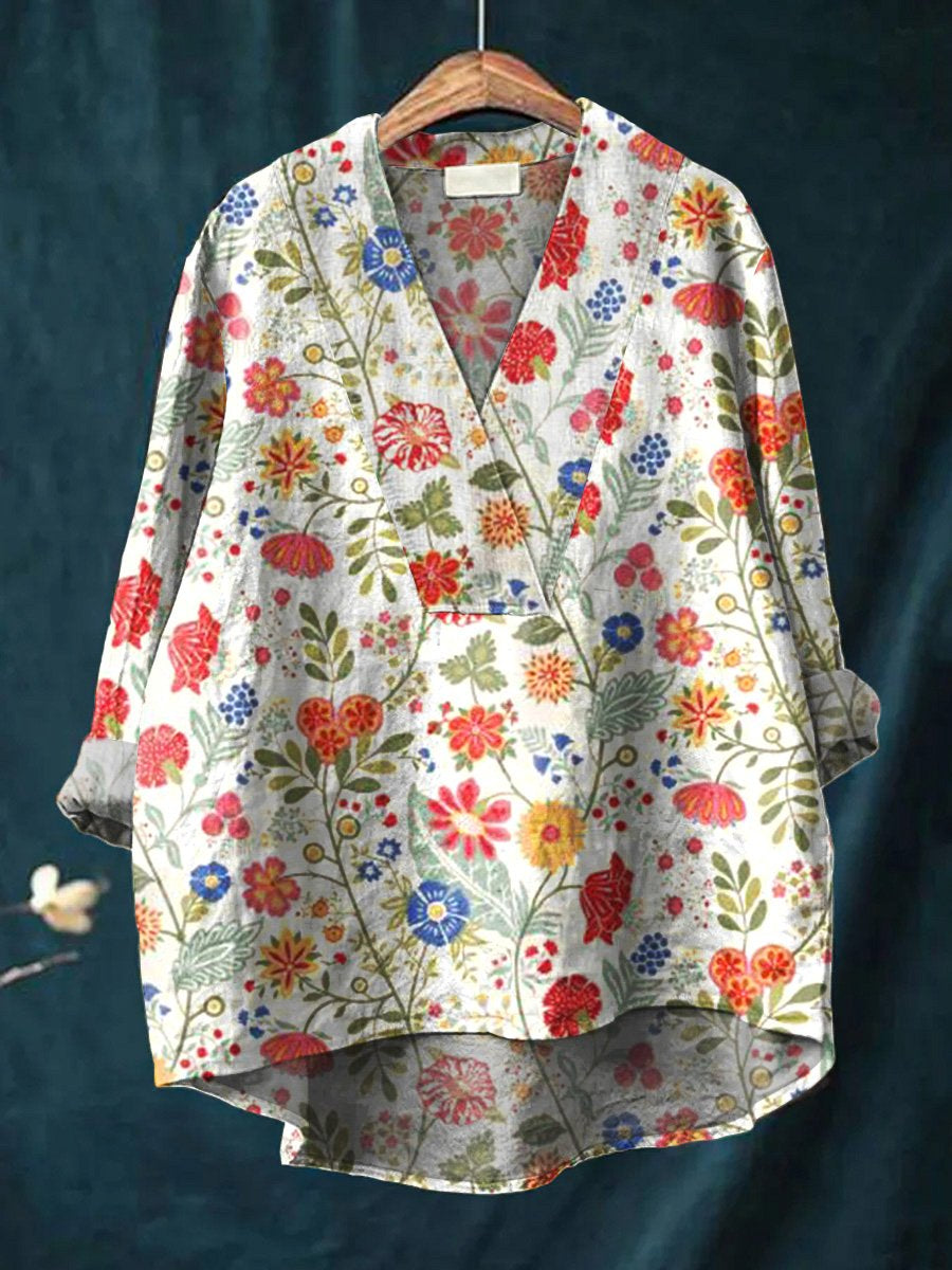 Women's  Flower Art Print Casual Cotton And Linen V-neck Shirt