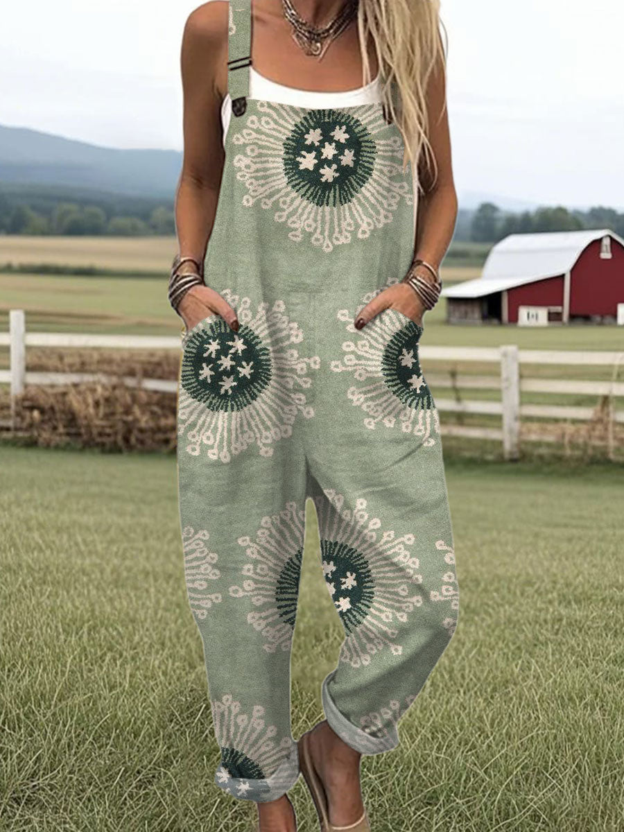 Women's  Vintage Abstract Geometric Art Print Casual 100% Cotton Wide Leg Jumpsuit