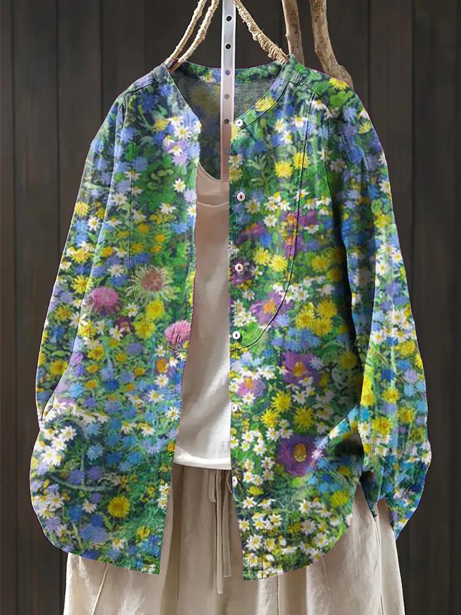 Women's Vintage Floral Art Print Casual Cotton And Linen Shirt