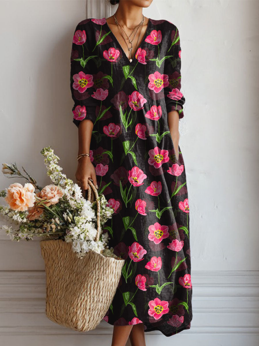 Women's Vintage Floral Art Print Casual Cotton Linen Pocket Dress