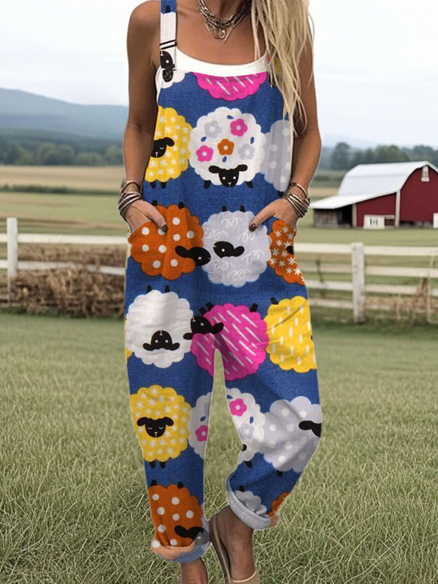 Women's Farm  Funny Sheep Art  Print Casual 100% Cotton Wide Leg Jumpsuit