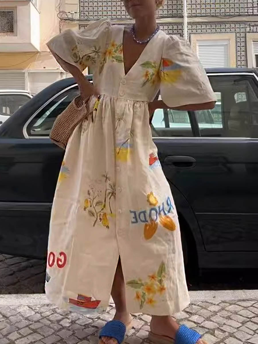 Women's V-neck Short Sleeve Positioned Print Casual Cotton and Linen Dress