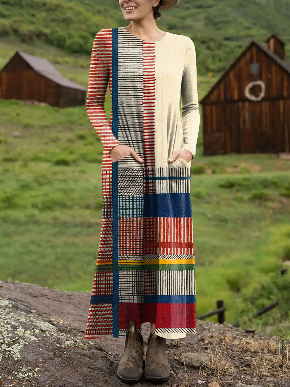 Women's Geometric Pattern Art Print Casual Long-sleeved Dress