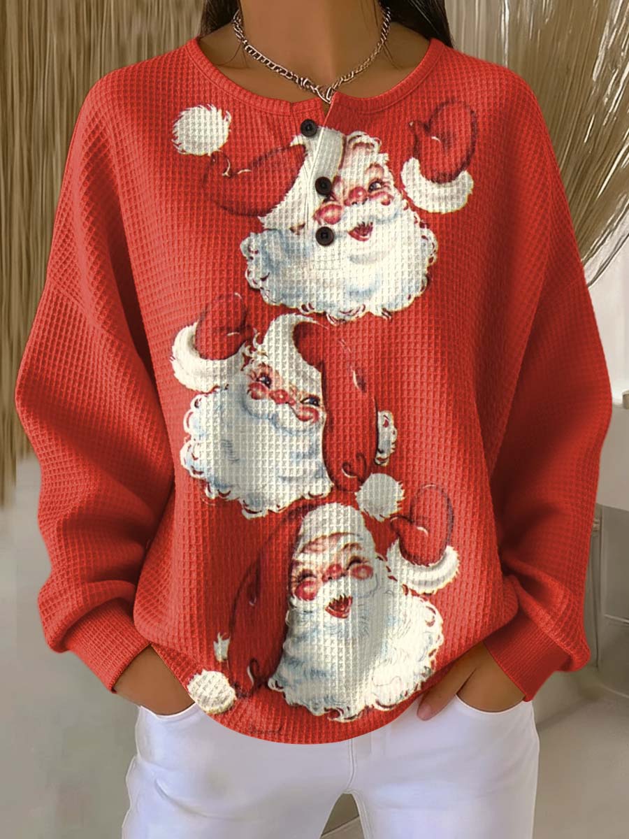 Women's Christmas Santa Pattern Art Print Casual Cotton Waffle Sweatshirt