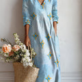 Women's Blue Star Print Linen Pocket Dress
