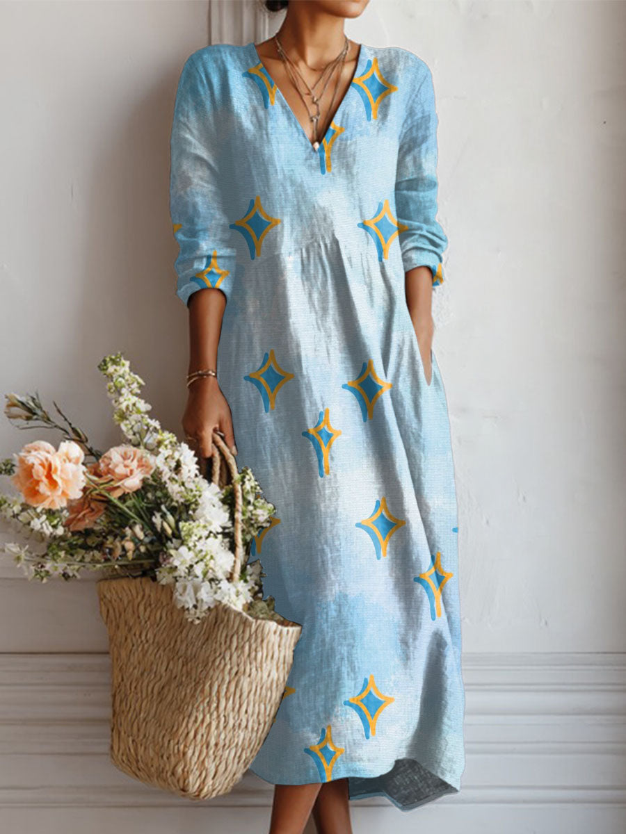 Women's Blue Star Print Linen Pocket Dress