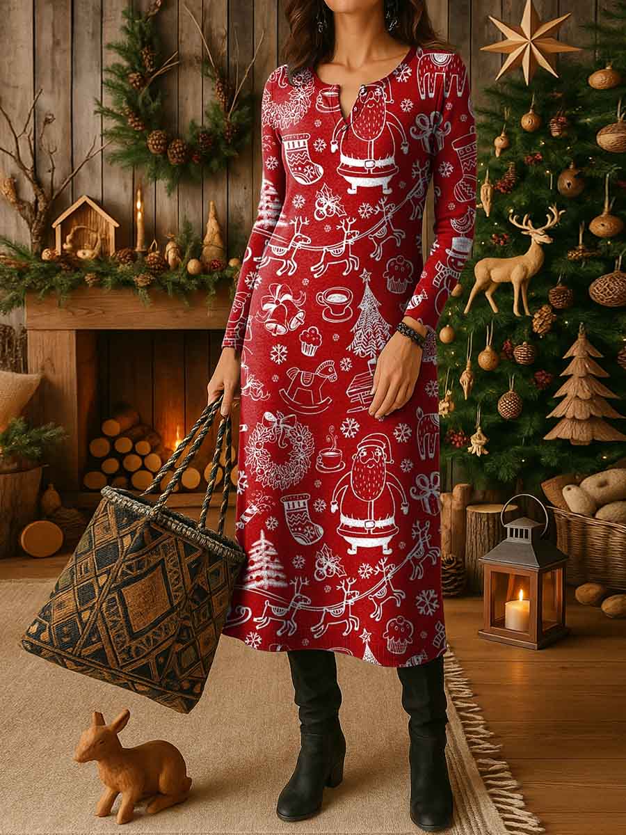 Women's Christmas Print Crew Neck Long Sleeve Casual Loose Knit Dress