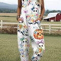 Women's Ghost Pumpkin Art Print Casual 100% Cotton Wide Leg Jumpsuit