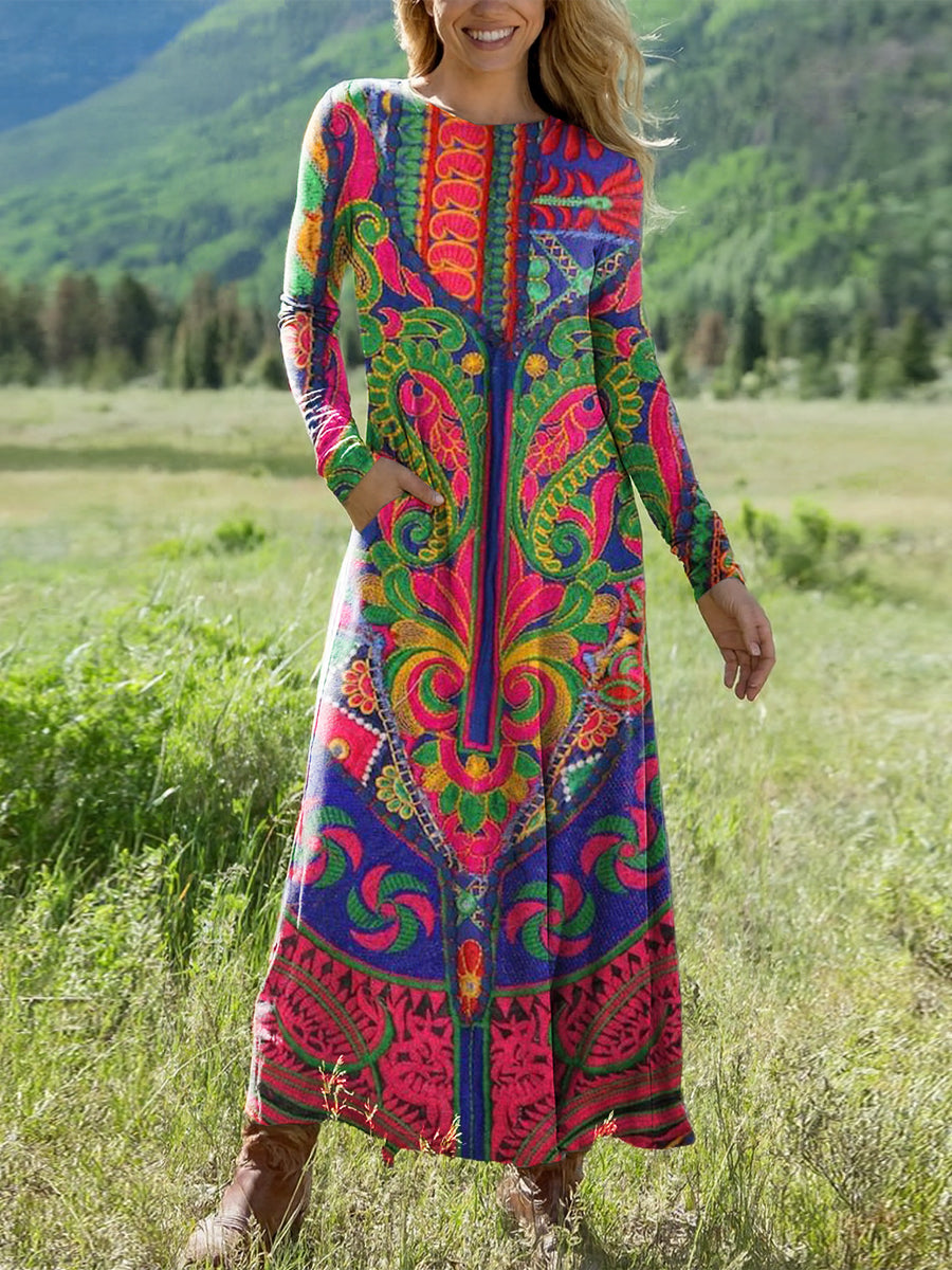 Women's Beautiful Colorful Ethnic Geometric Floral Pattern Art Print Long-sleeved Dress