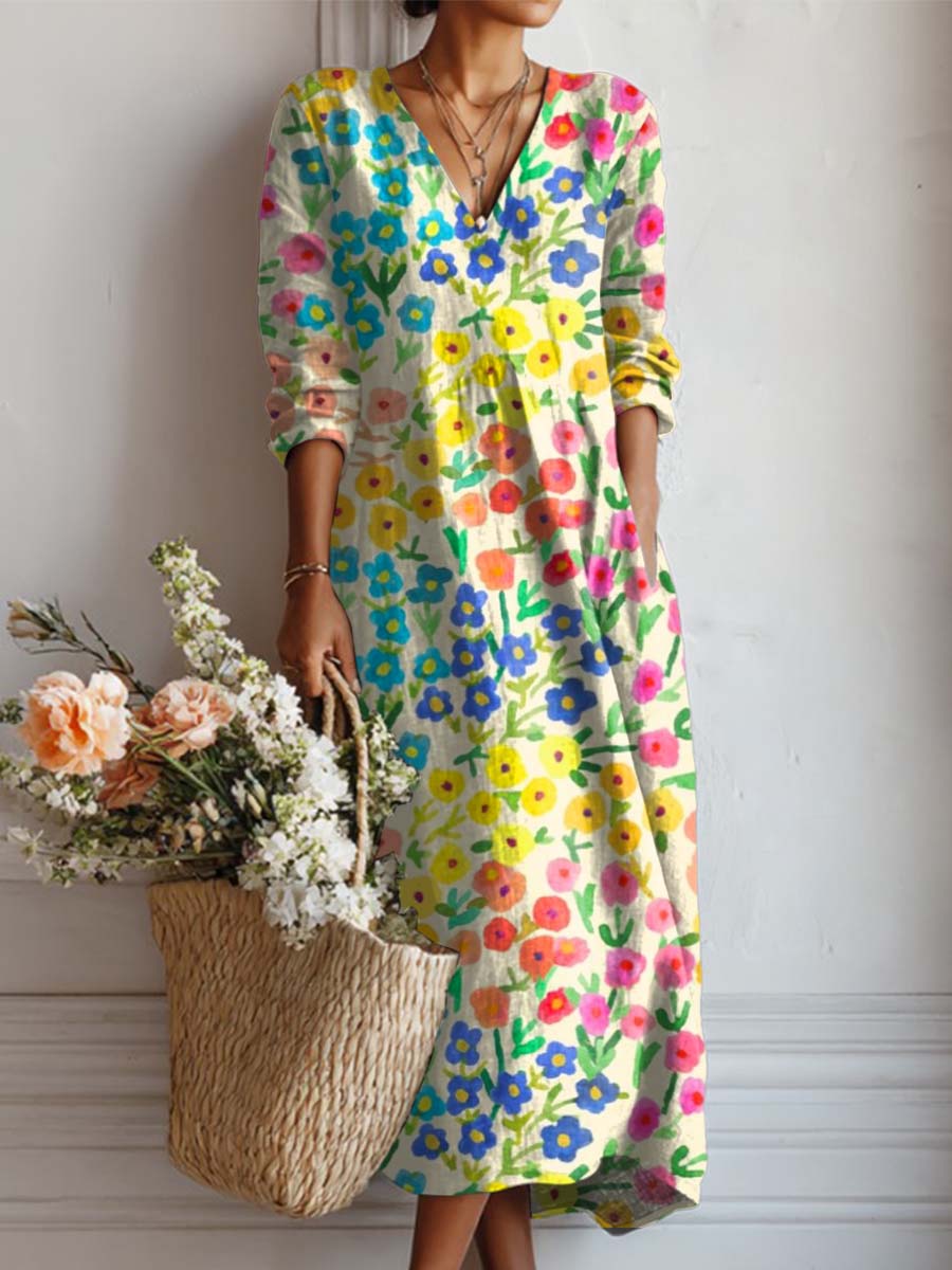 Women's Lovely Floral Art Print Casual Cotton And Linen Pocket Dress