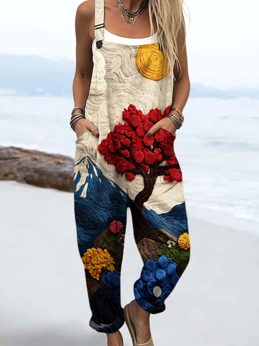 Women's Vintage Abstract Sun Plant Nature Art Print Casual 100% Cotton Wide Leg Jumpsuit