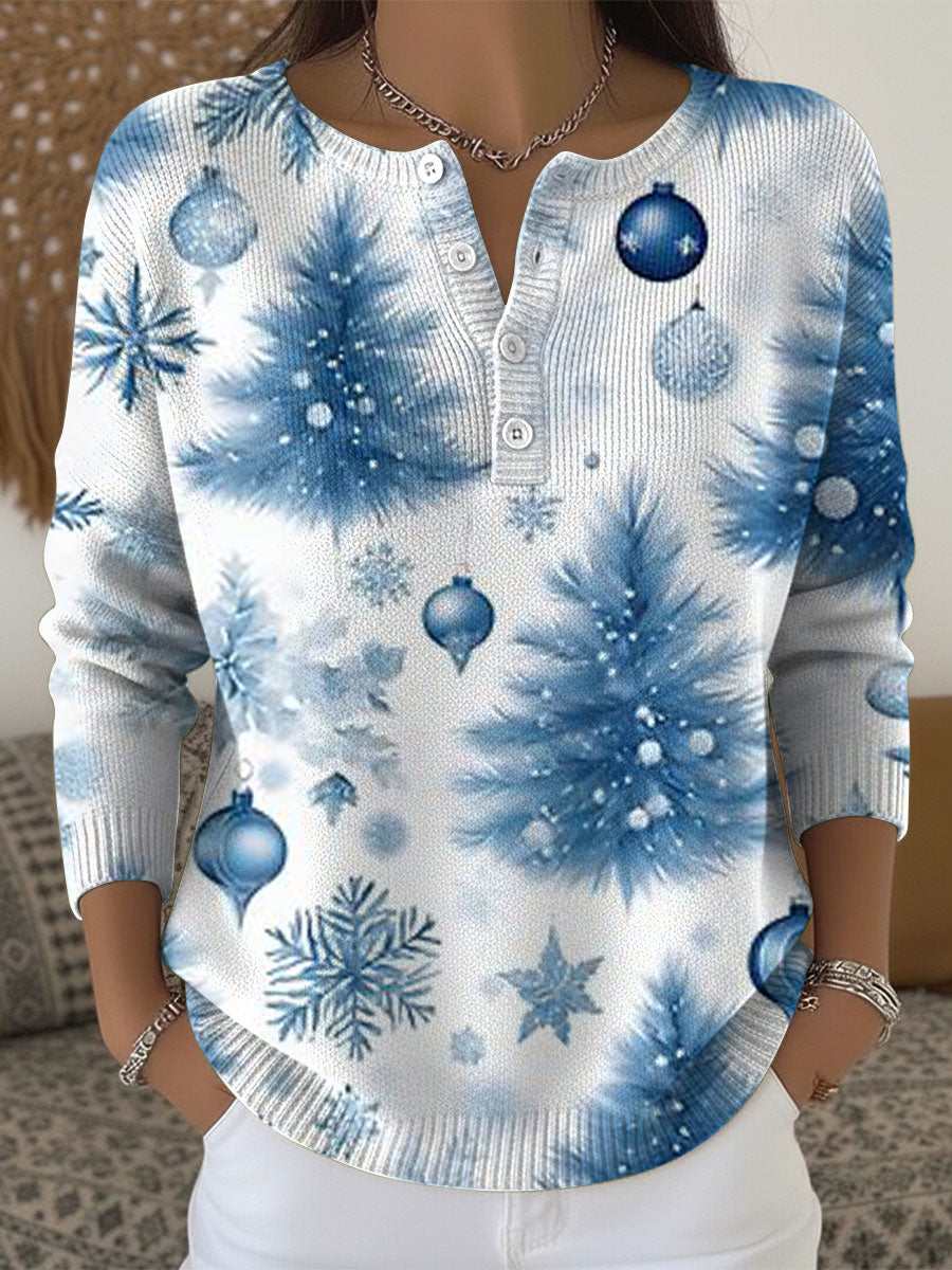 Christmas Blue Christmas Tree Art Pattern Print Buttoned Cardigan Sweater