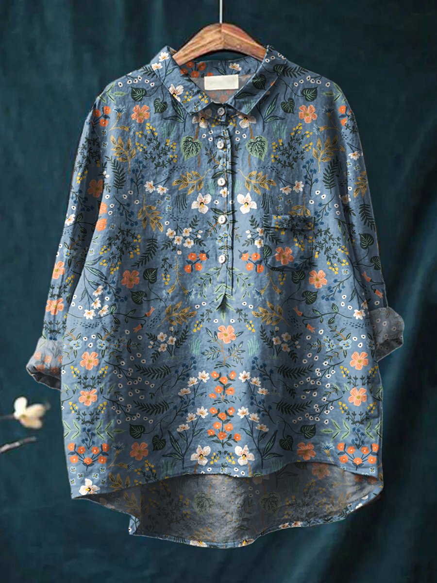 Women's Floral Art Print Casual Cotton And Linen Shirt