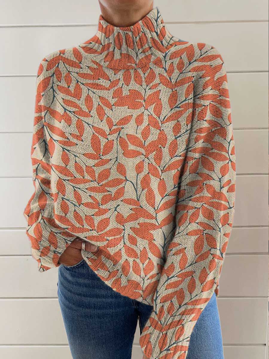 womens-art-orange-leaf-print-knit-turtleneck-pullover-sweater