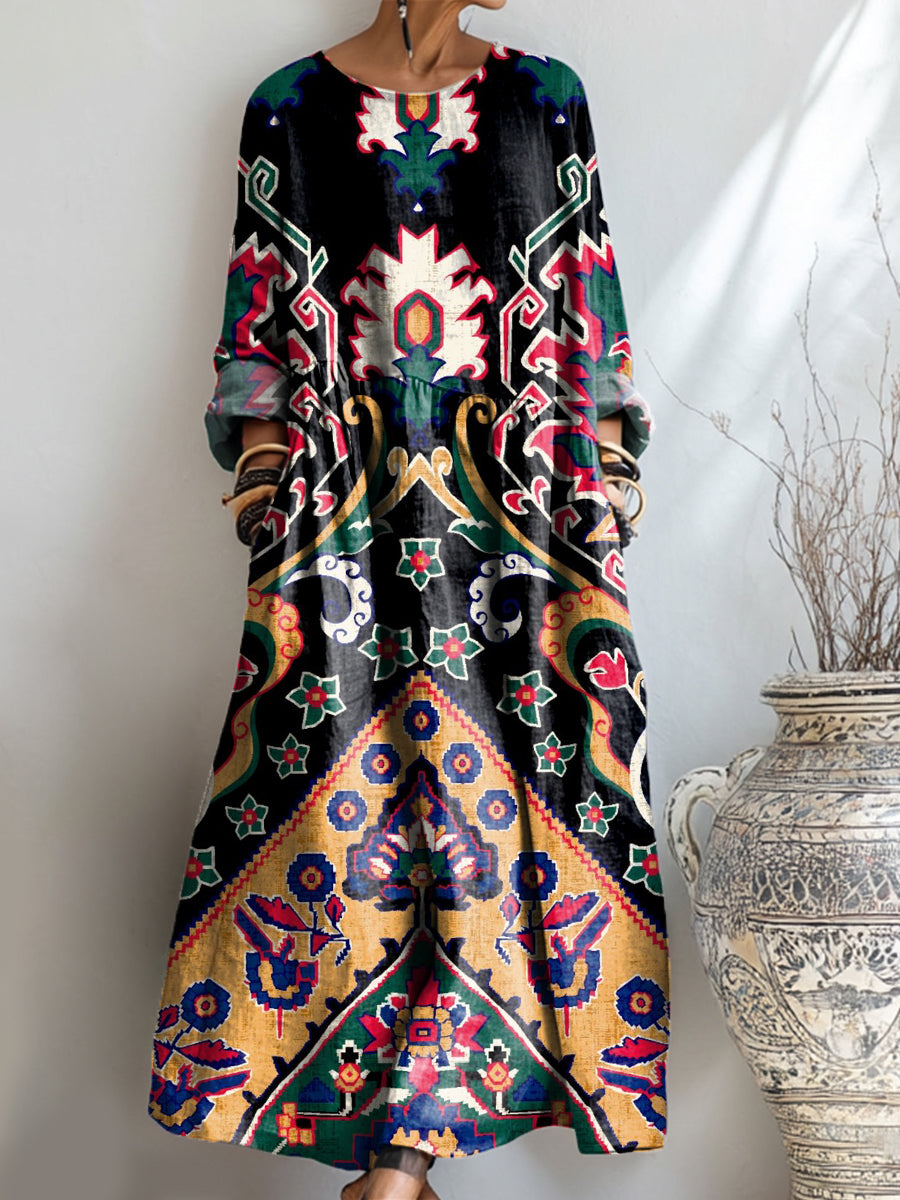 Women's Vintage Ethnic Geometric Totem Art Print Pocket Cotton Dress