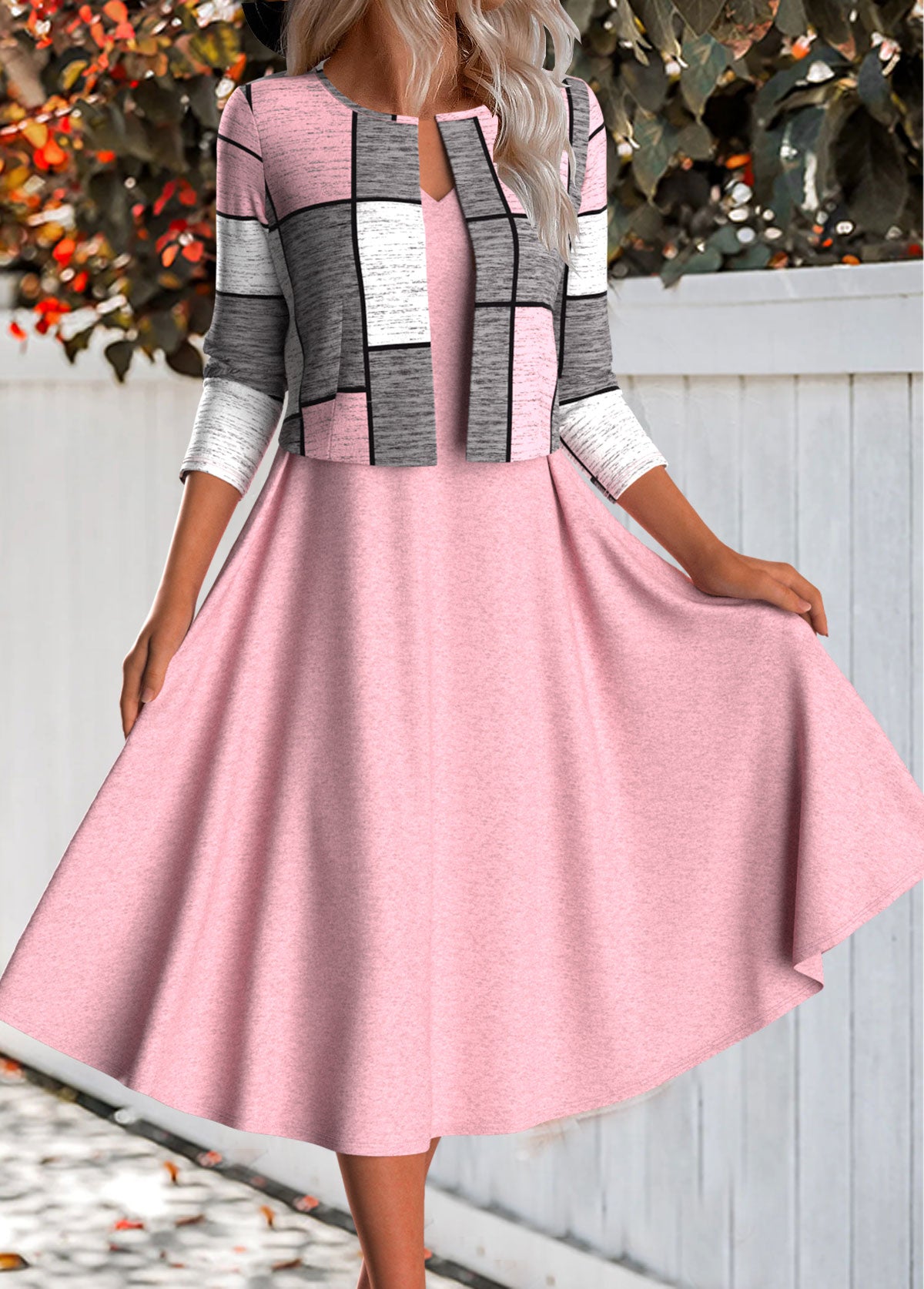Pink Two Piece Plaid Long Sleeve Dress and Cardigan