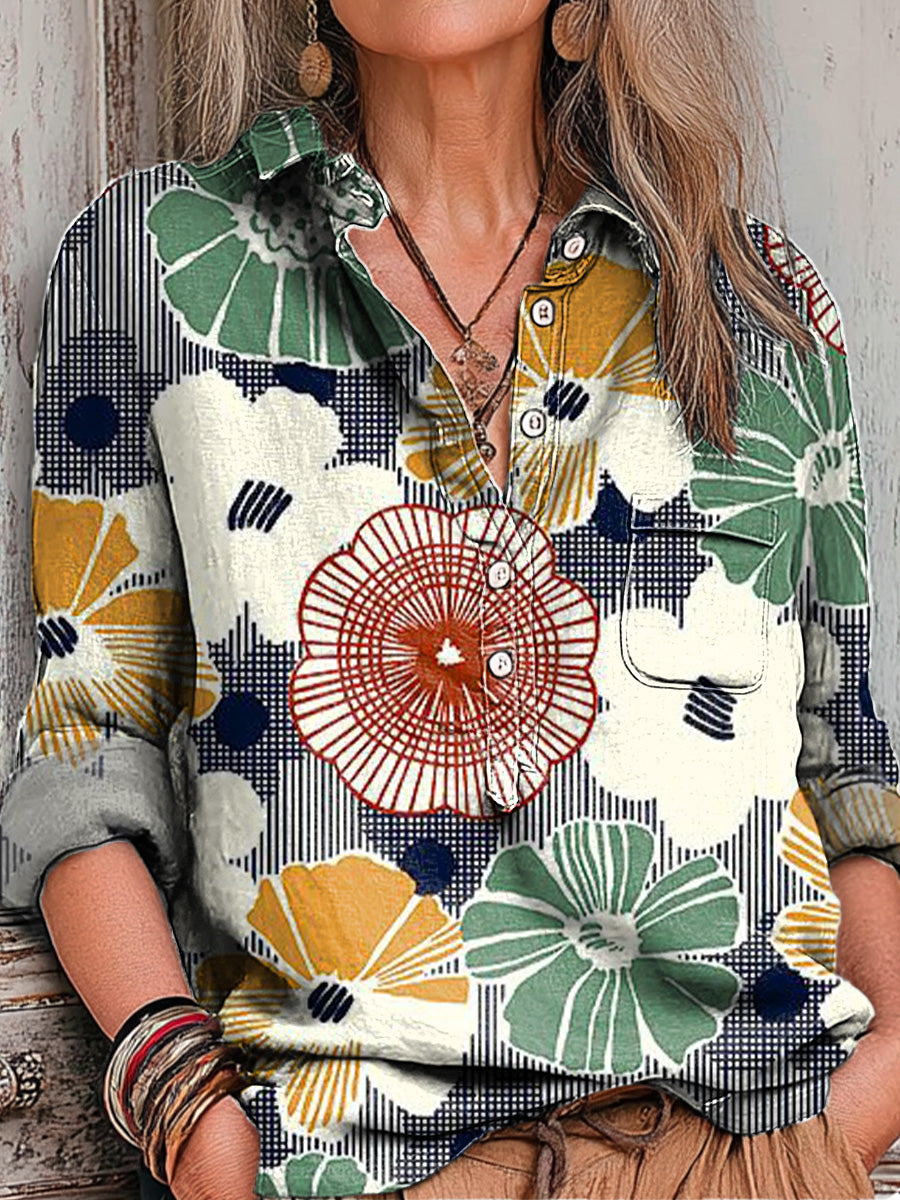 Women's Vintage Multicolor Large Flower Painting Art Print Casual Cotton And Linen Shirt