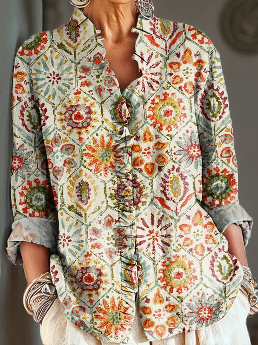 Women's Vintage Ethnic Floral Geometric Pattern Painting Art Print Casual Cotton And Linen Ruffle Shirt