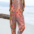 Women's  Vintage Abstract Geometric Art Print Casual 100% Cotton Wide Leg Jumpsuit