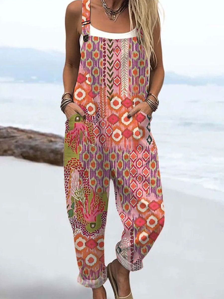 Women's  Vintage Abstract Geometric Art Print Casual 100% Cotton Wide Leg Jumpsuit